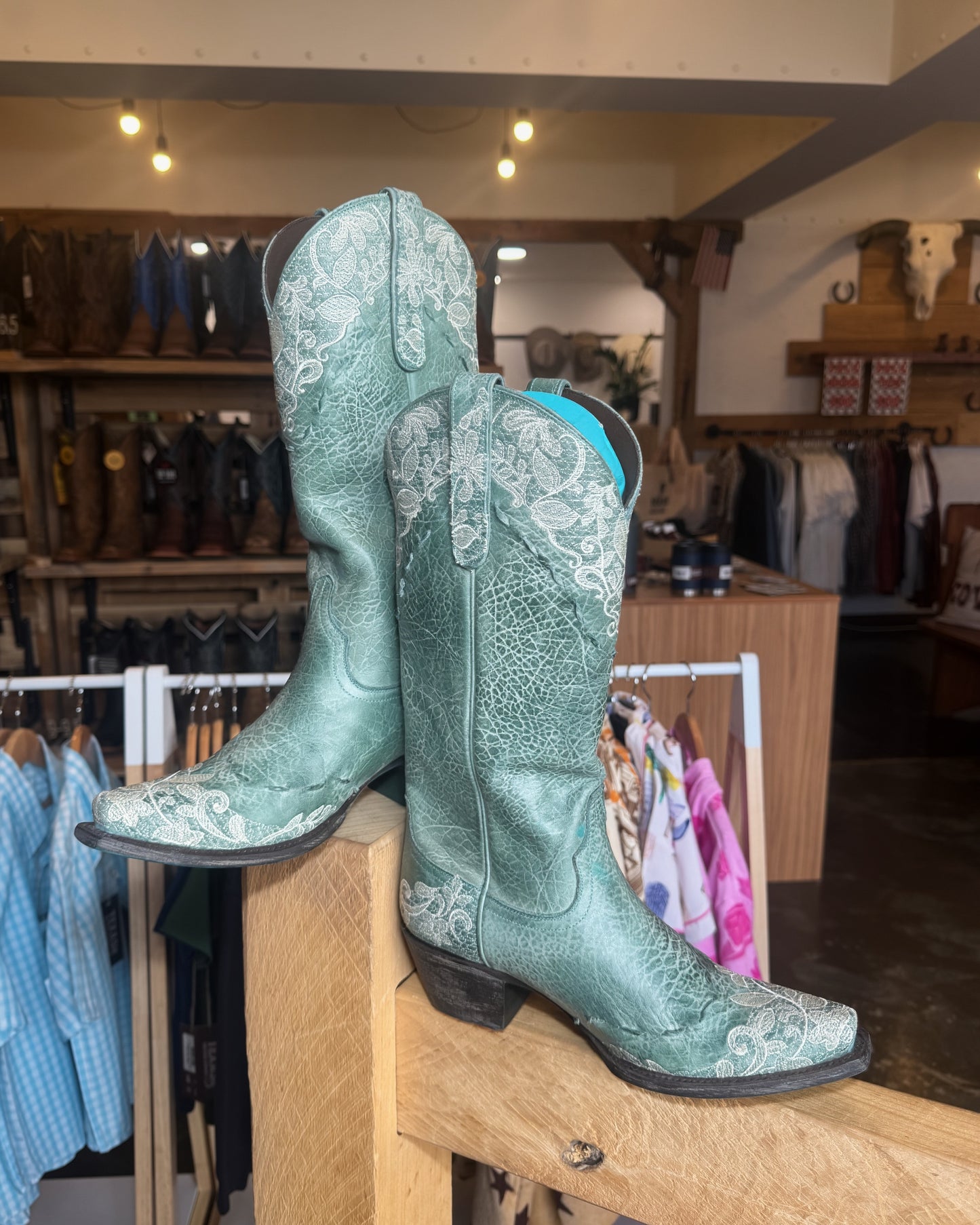 Lane Boots: Jeni Lace Leather Snip Toe Cowboy Boots in teal - Texas Western Apparel New Zealand