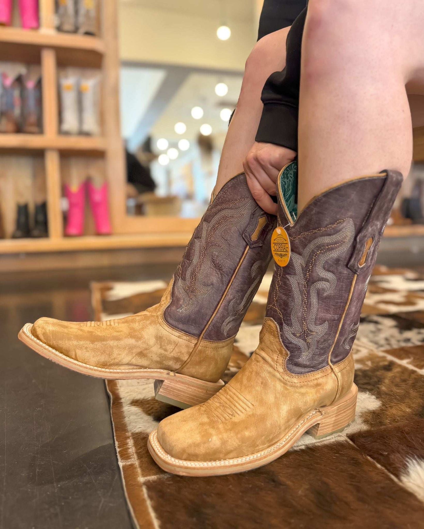 Corral: Woman's Leather Square Toe Cowboy Boots in Sand & Purple with Western Stitching - Texas Western New Zealand