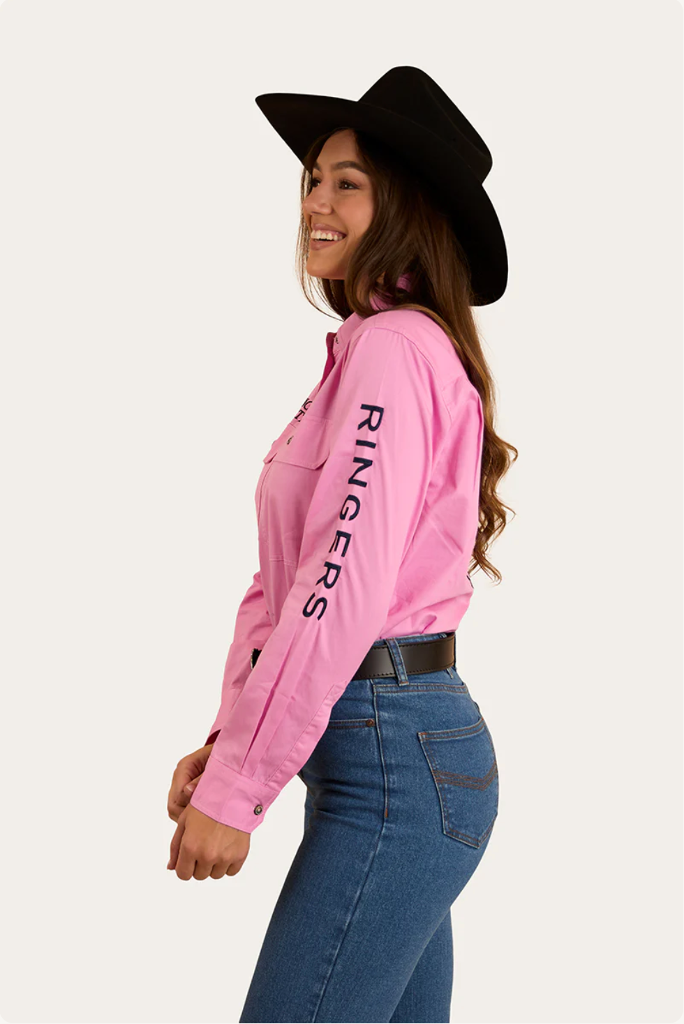 Ringers Western: Women's Jillaroo Work Shirt - Pastel Pink / Navy