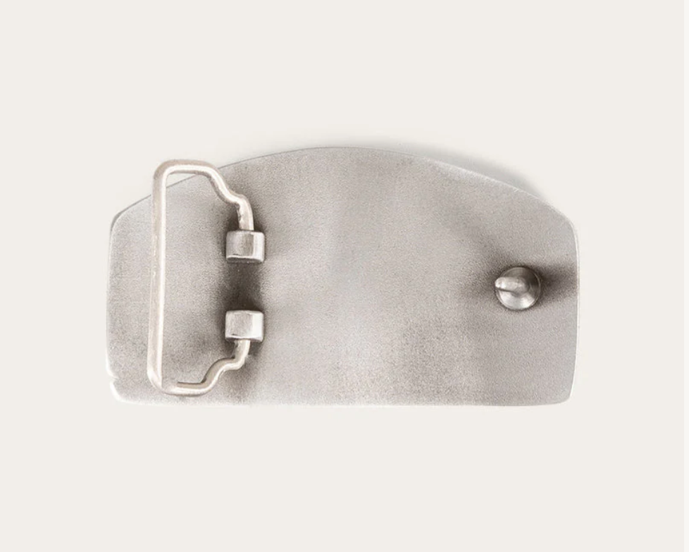 Gray belt with a silver buckle on a light gray background