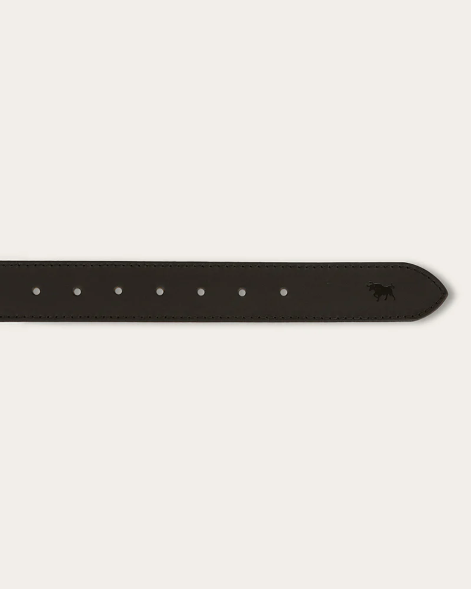 Black leather belt with a brand logo on a white background