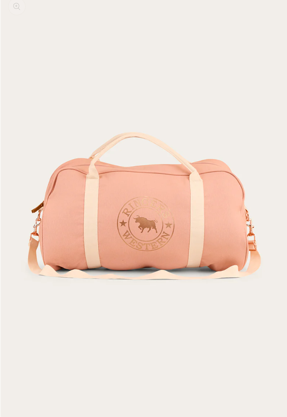 Pink duffel bag with beige straps on a light gray background