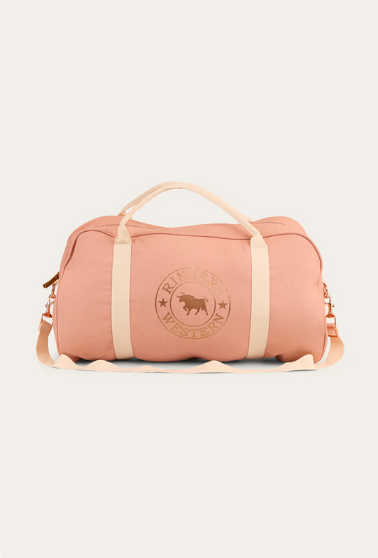 Pink duffel bag with beige accents and a logo on a light gray background