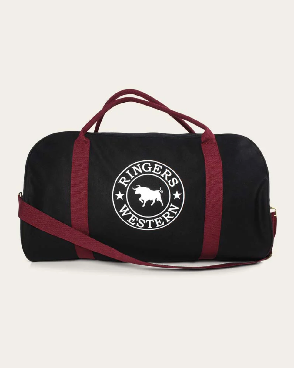 Black duffel bag with red straps and 'Ringers Western' logo on a light gray background
