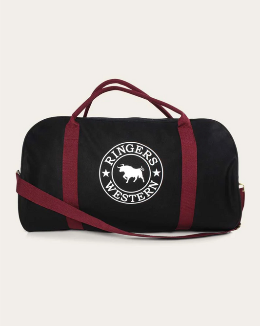 Black duffel bag with red straps and 'Ringers Western' logo on a light gray background