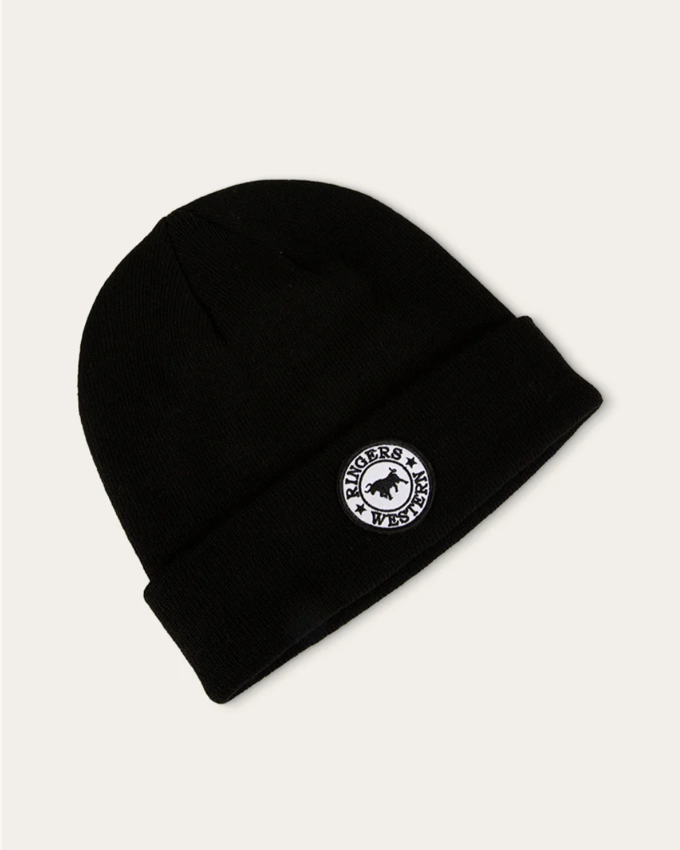 Black beanie with a logo on a light gray background