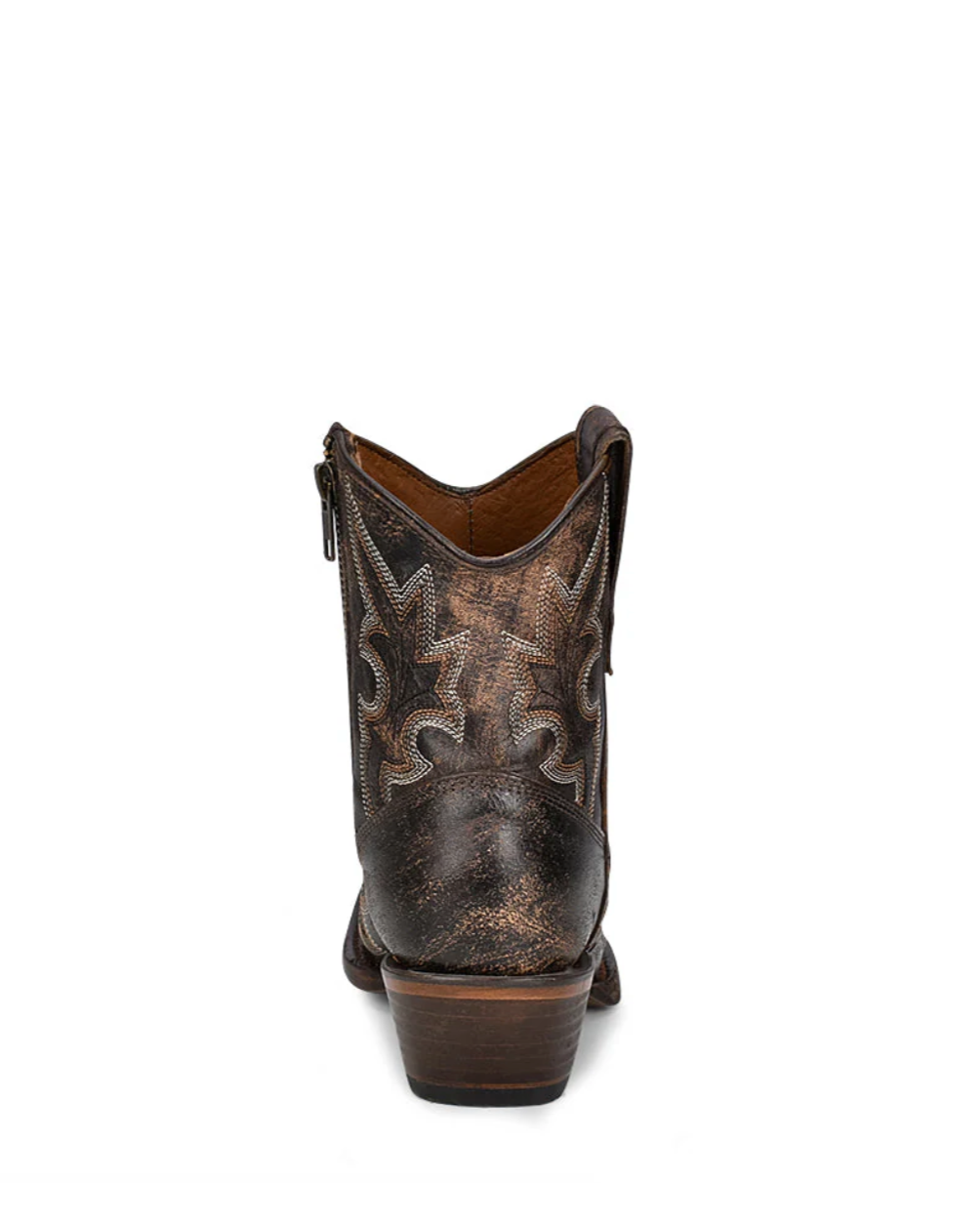 Brown cowboy boot with intricate design on a white background