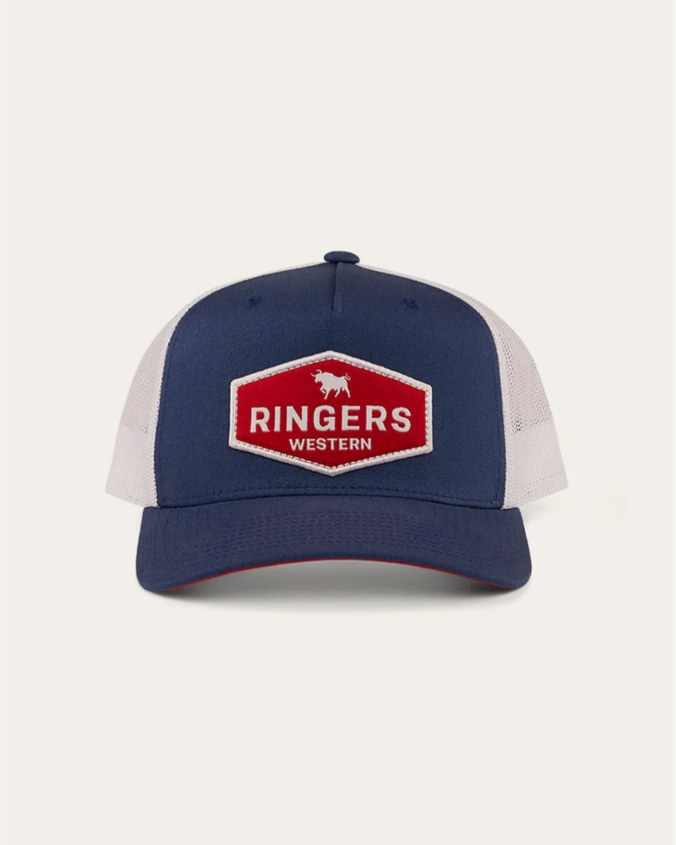 Blue and white cap with a red and white logo on a light gray background