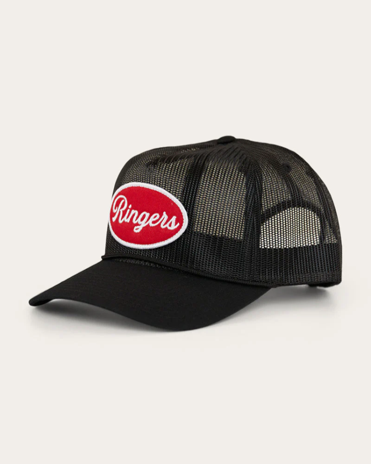 Black mesh cap with a red and white logo on a light gray background
