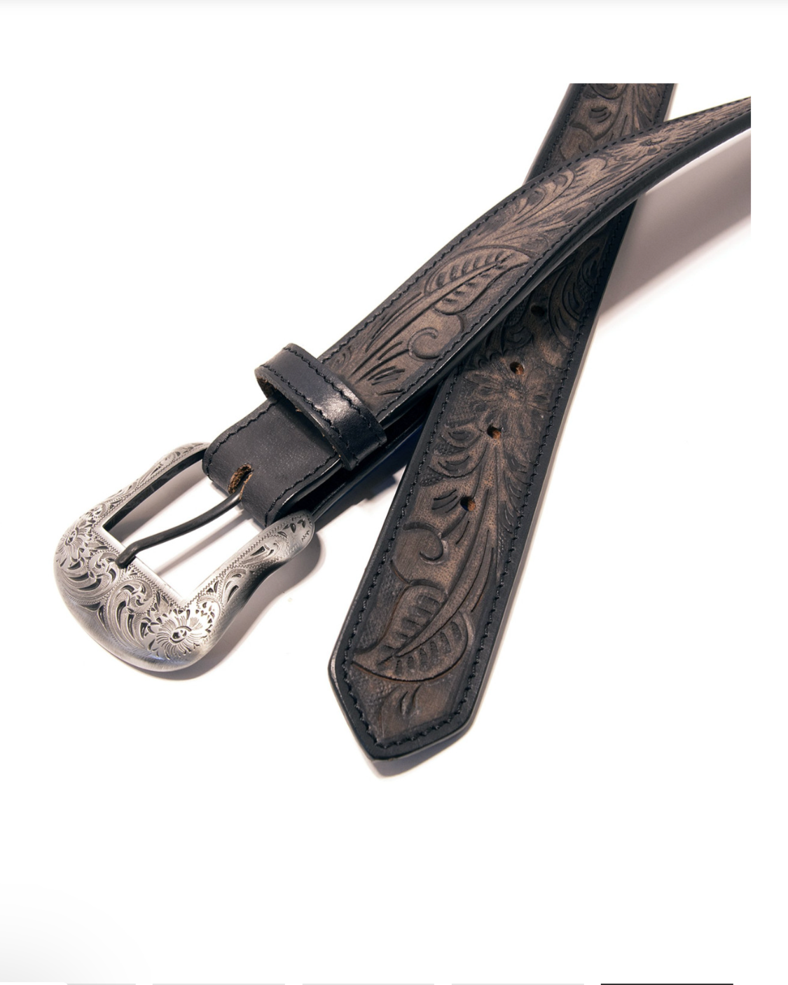 Black leather belt with silver buckle on a white background