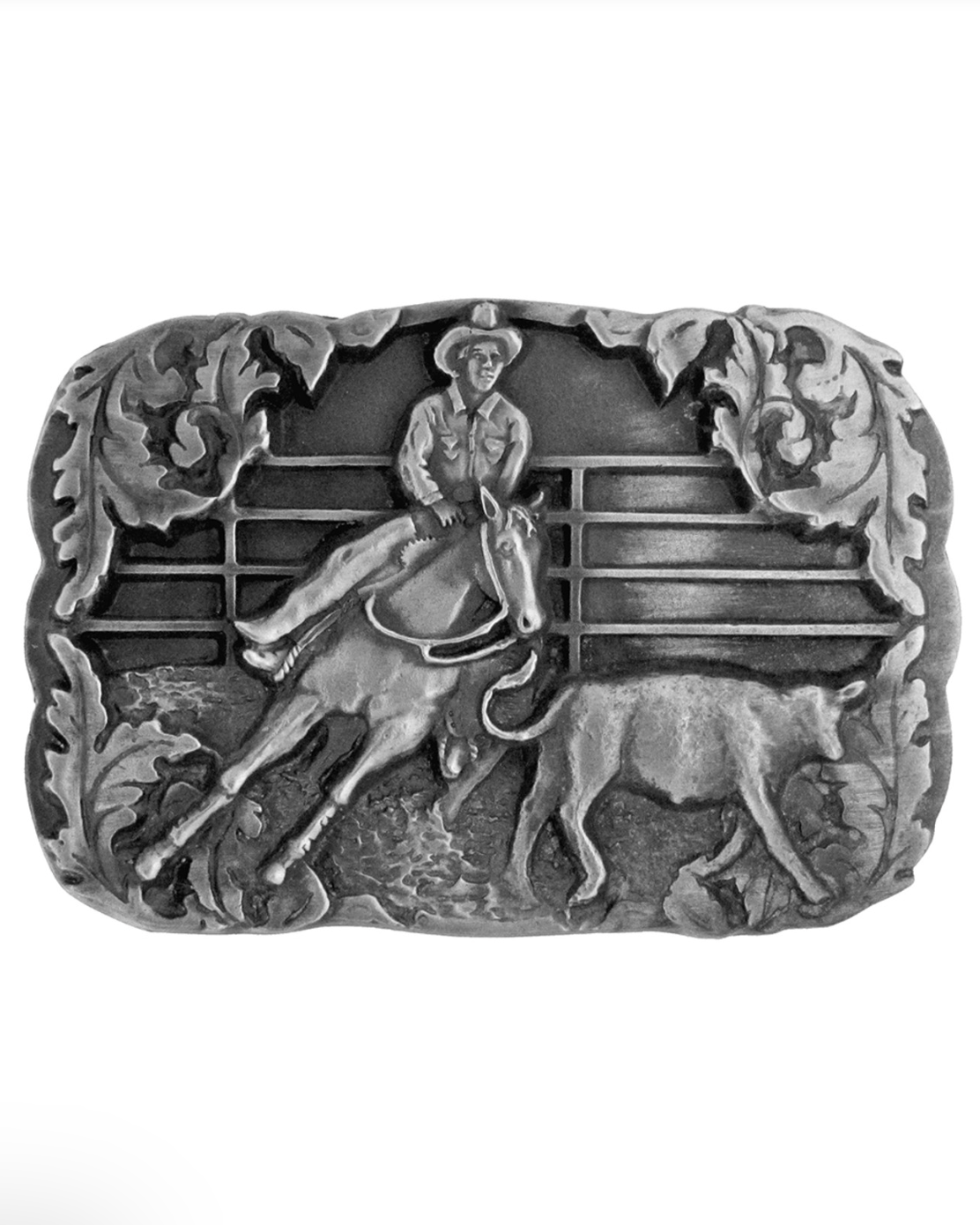 Belt buckle with a cowboy and horse design on a white background