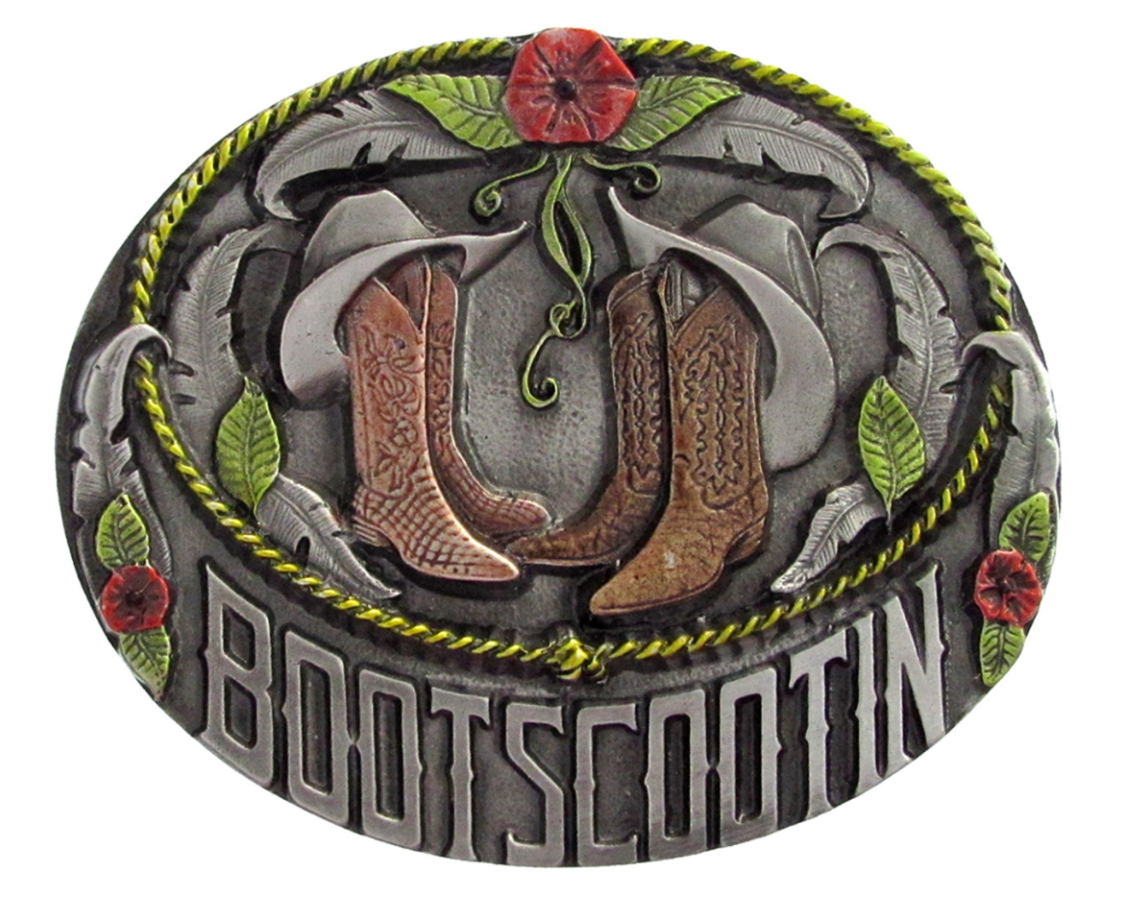 Decorative belt buckle with cowboy boots, flowers, and 'BOOTS SCOTIN' text on a white background