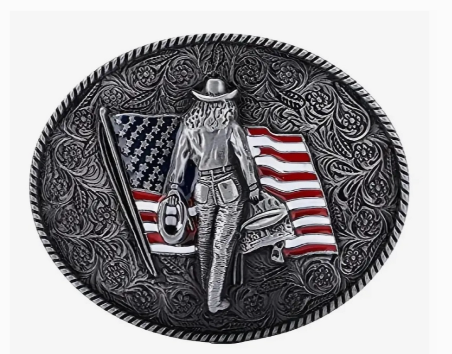 Belt buckle with a cowboy and American flag design on a white background