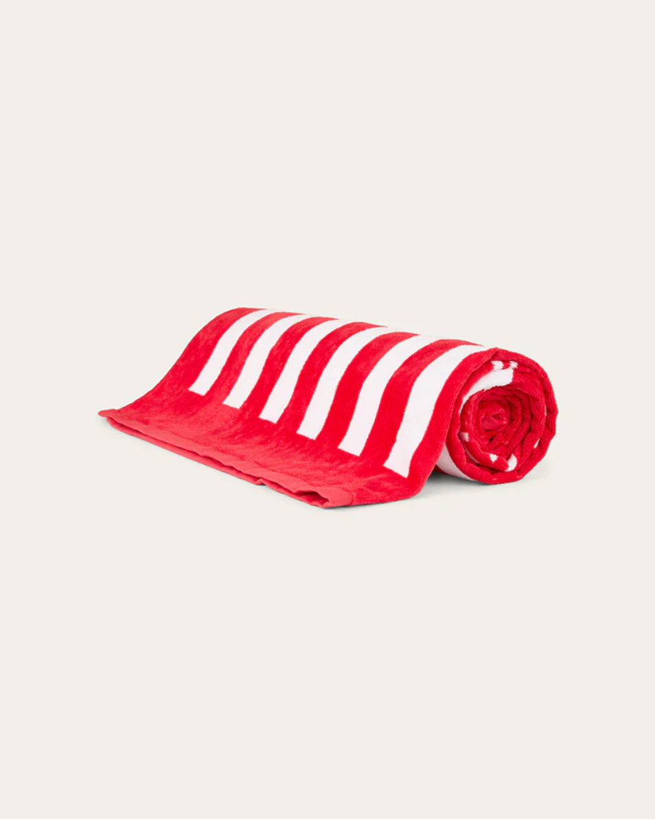 Red and white striped towel on a white background
