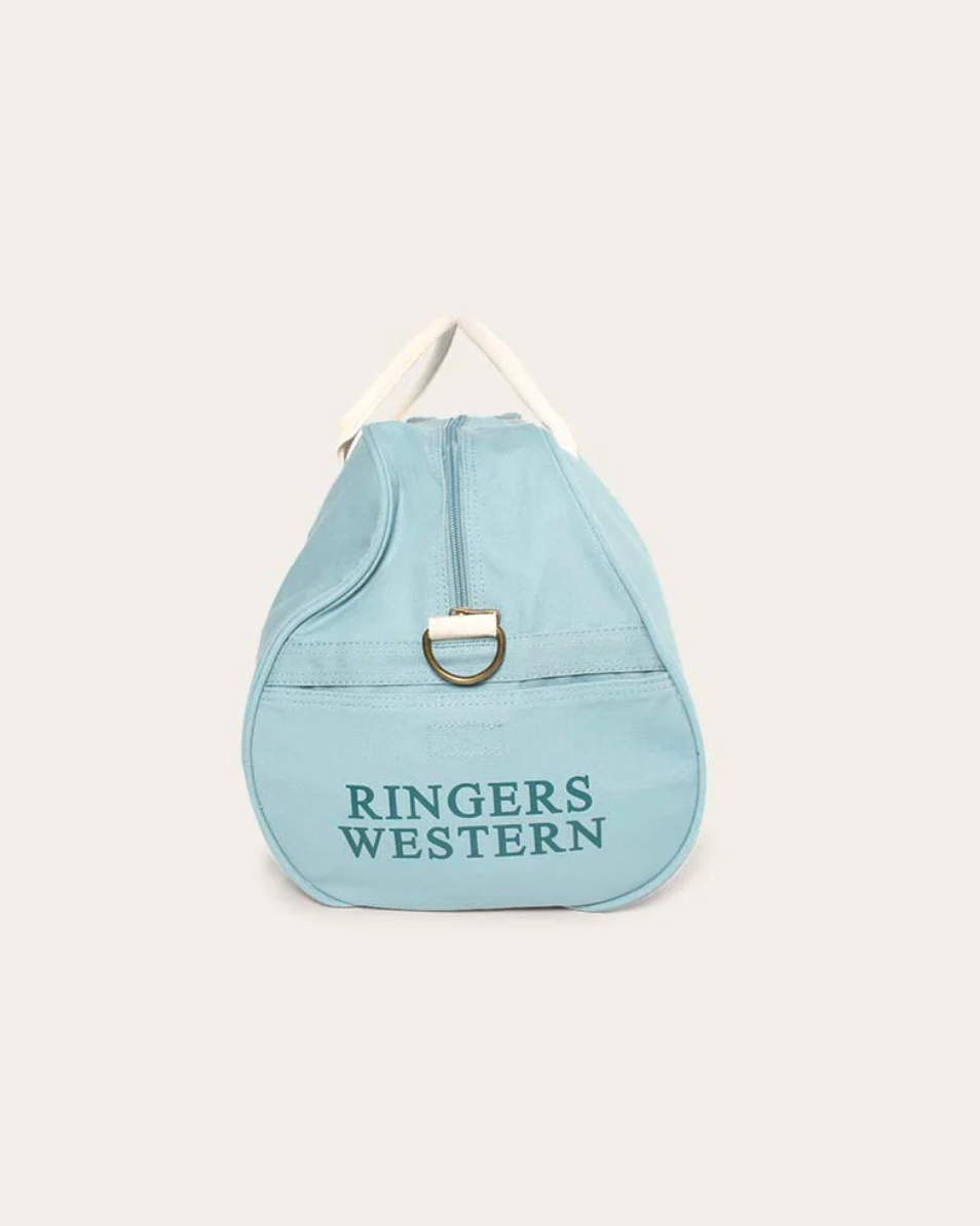 Light blue drawstring bag with 'Ringers Western' text on a white background