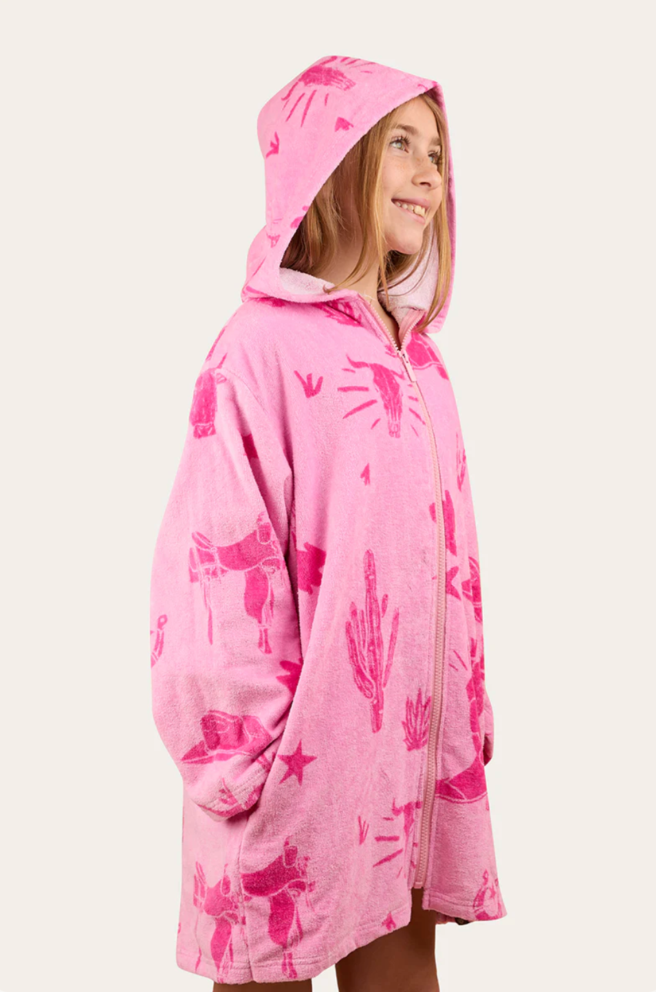 Kids Pink Western patterned hooded zip up towel