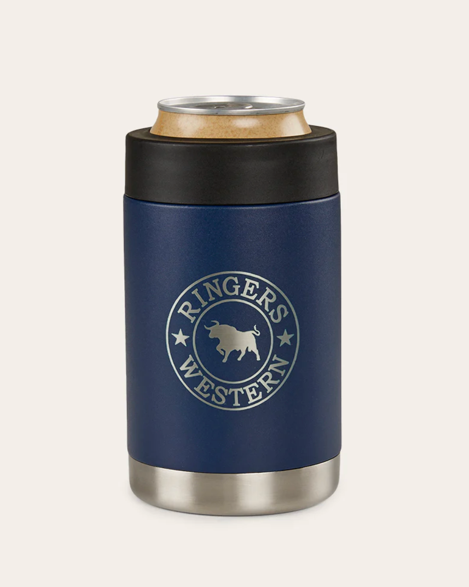 Blue can cooler with 'Ringers Western' logo on a beige background