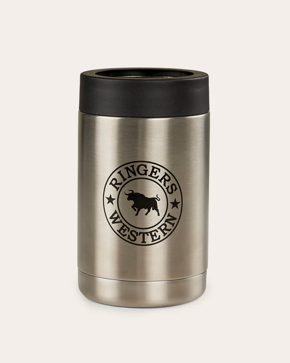 Stainless steel tumbler with black lid featuring 'Ringers Western' logo on a beige background