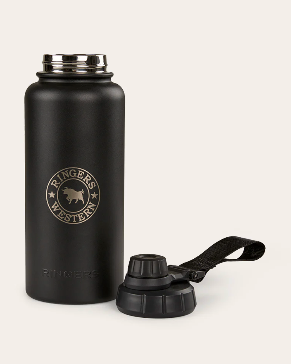 Black water bottle with a logo on a white background