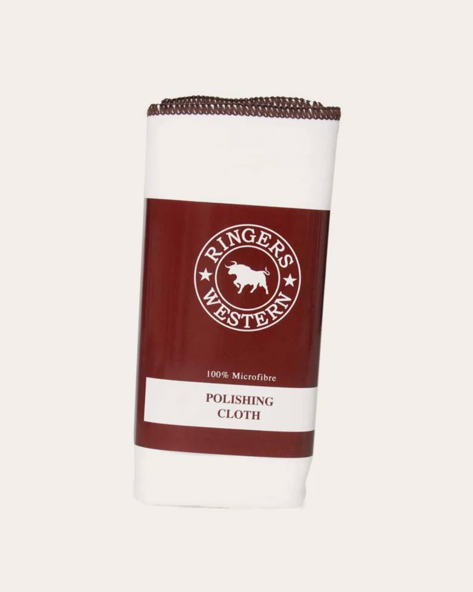 Polishing cloth with a brown label featuring 'Ringer's Western' branding on a white background.
