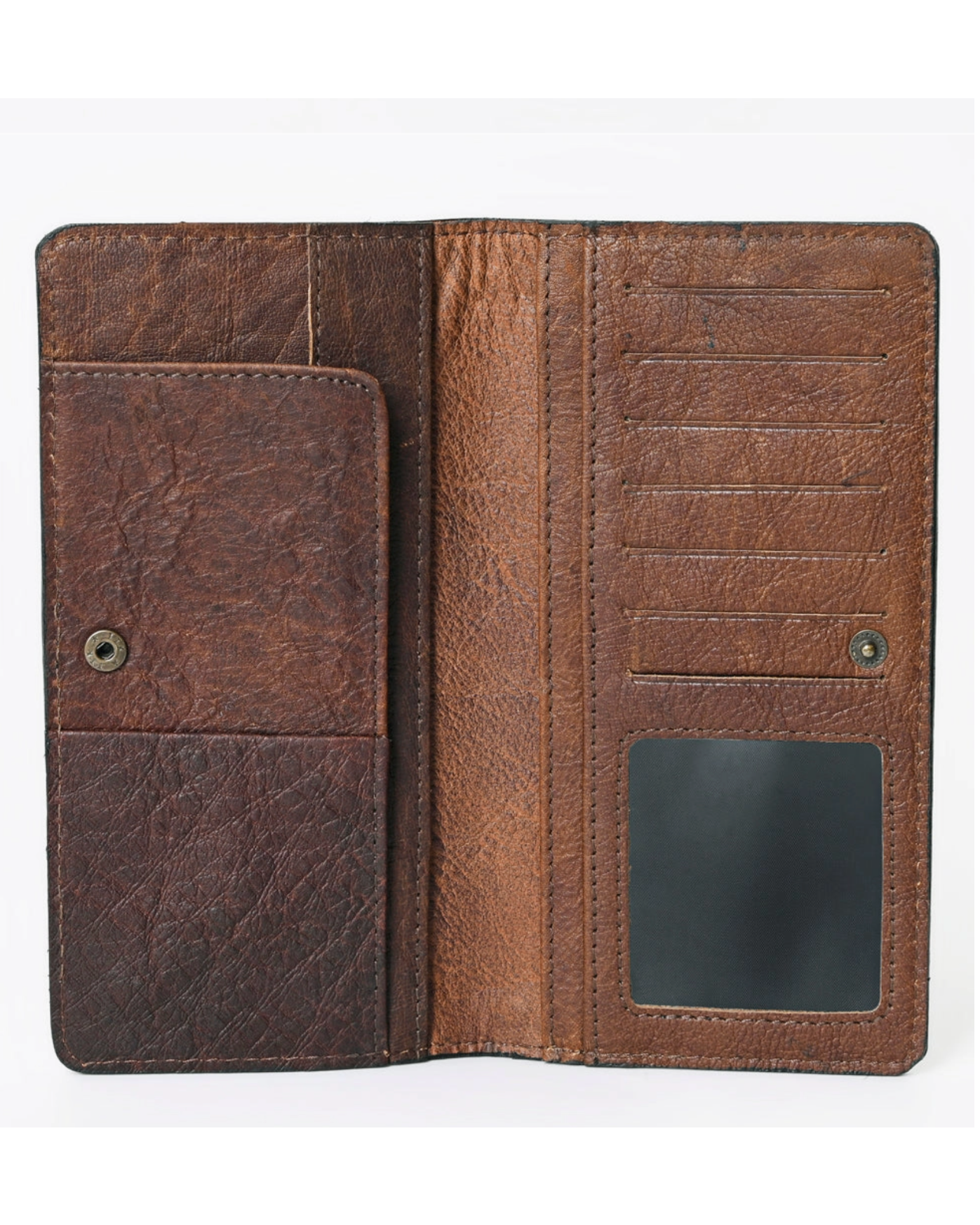 Brown leather wallet with card slots and a coin pocket on a white background