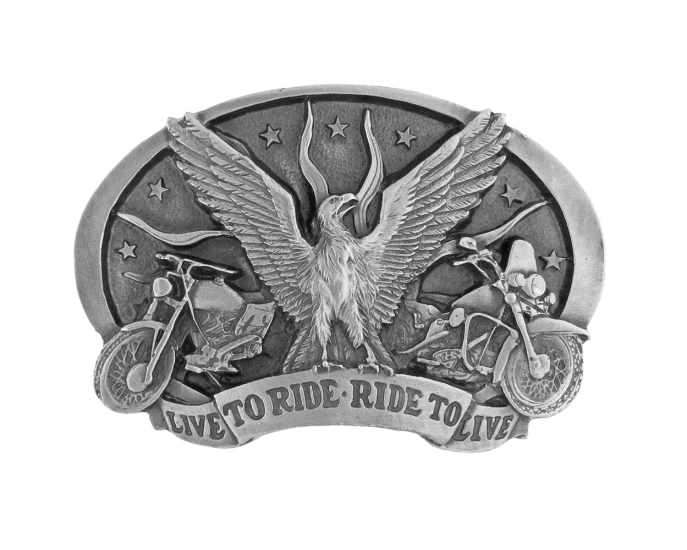 Western Express: Aluminum Belt Buckle featuring an eagle, motorbikes and the text "Live to Ride, Ride to Live" - Texas Western New Zealand