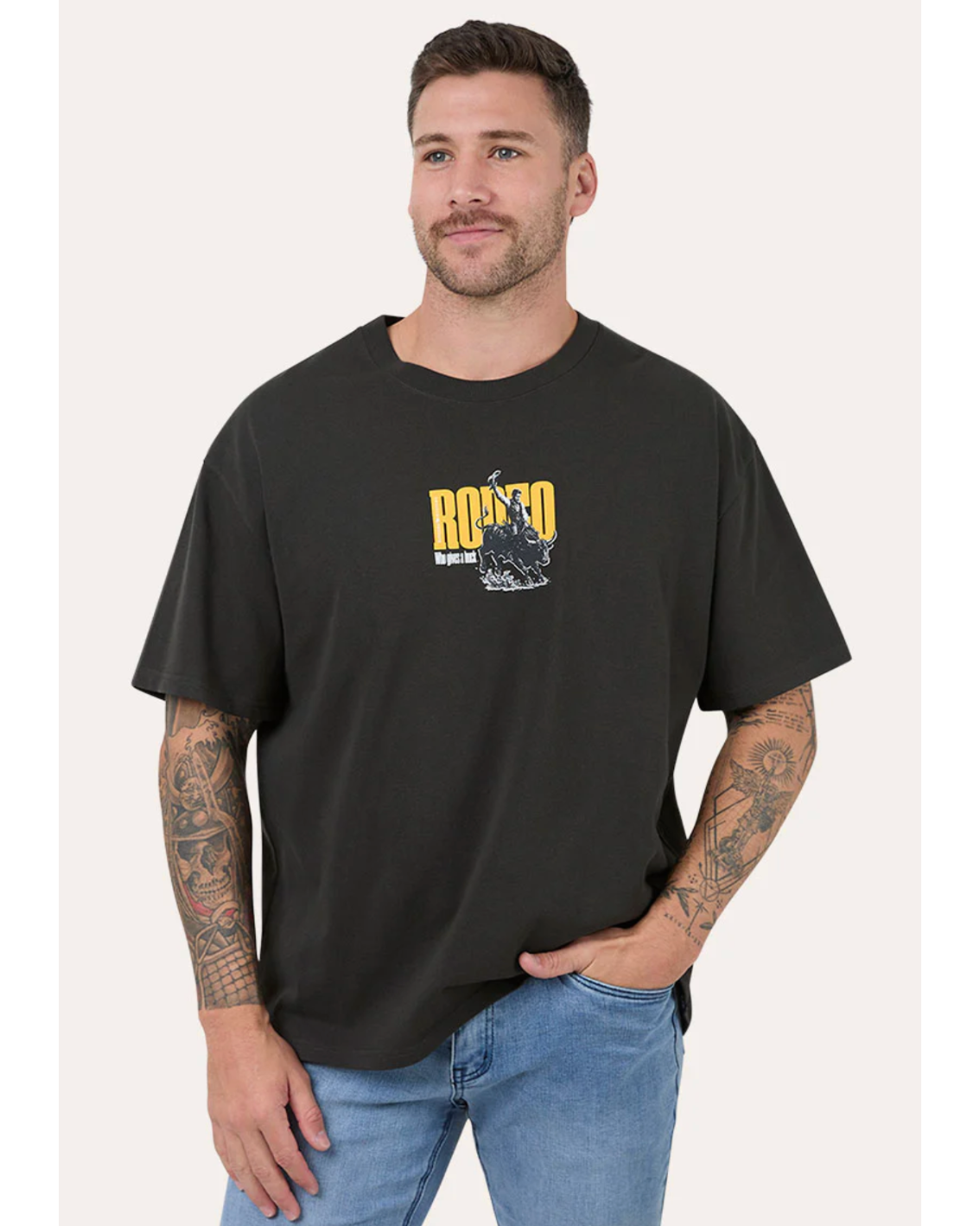 Ringers Western: Mens 100% Cotton Tee Shirt in Black with a "Rodeo Graphic" on the front - Texas Western New Zealand
