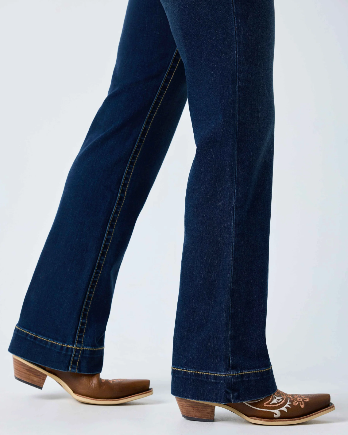 Ringers Western: Indi Rodeo Saddle Stitch Womens High Rise Wide Bootleg Jeans in dark blue with western stitching on the back pockets - Texas Western New Zealand
