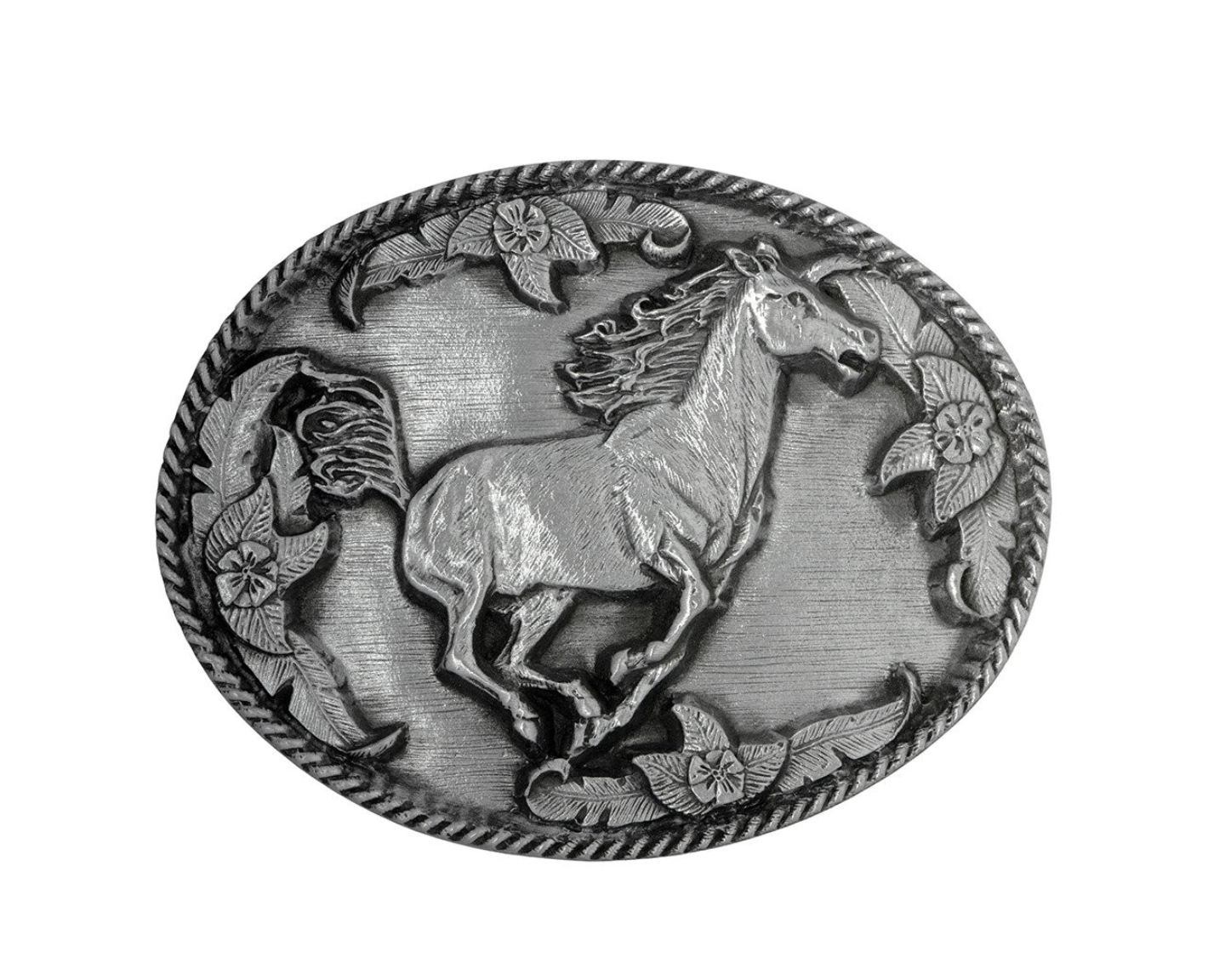 An oval silver-toned metal belt buckle featuring a detailed relief carving of a galloping horse, surrounded by floral motifs and a twisted rope border, shown on a plain white background.