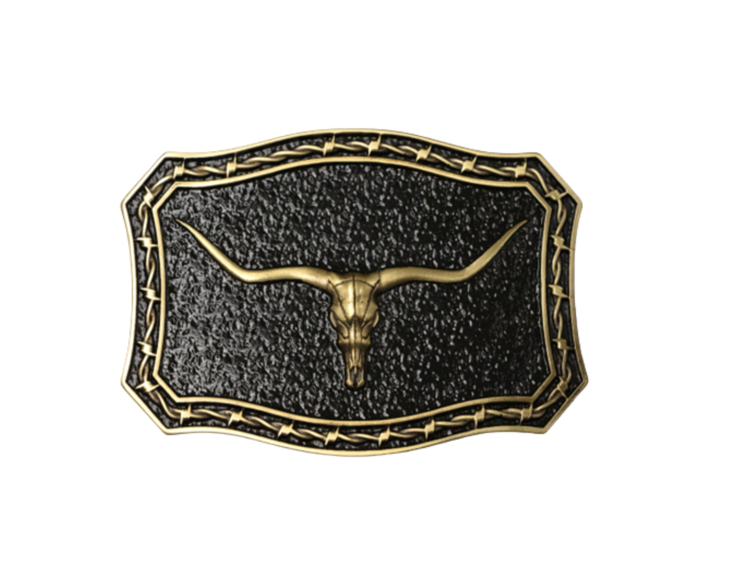 A western-style belt buckle featuring a textured black center with a gold-toned longhorn skull motif and decorative border, shown on a plain white background.