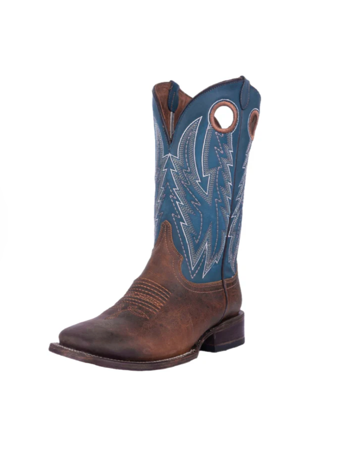 Brown and blue cowboy boot on a white background