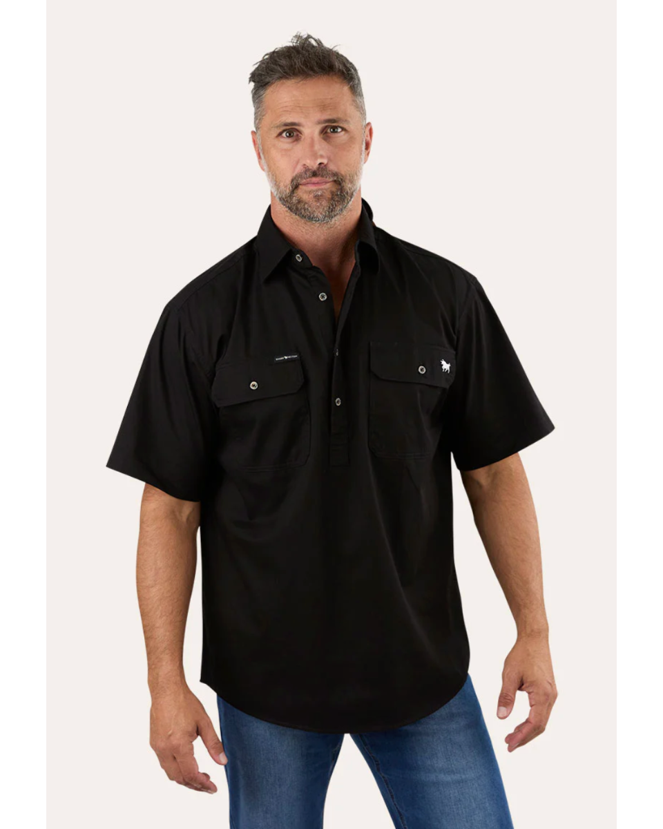 Ringers Western: Pack Saddle Mens Short Sleeve Half Button Work Shirt - Black