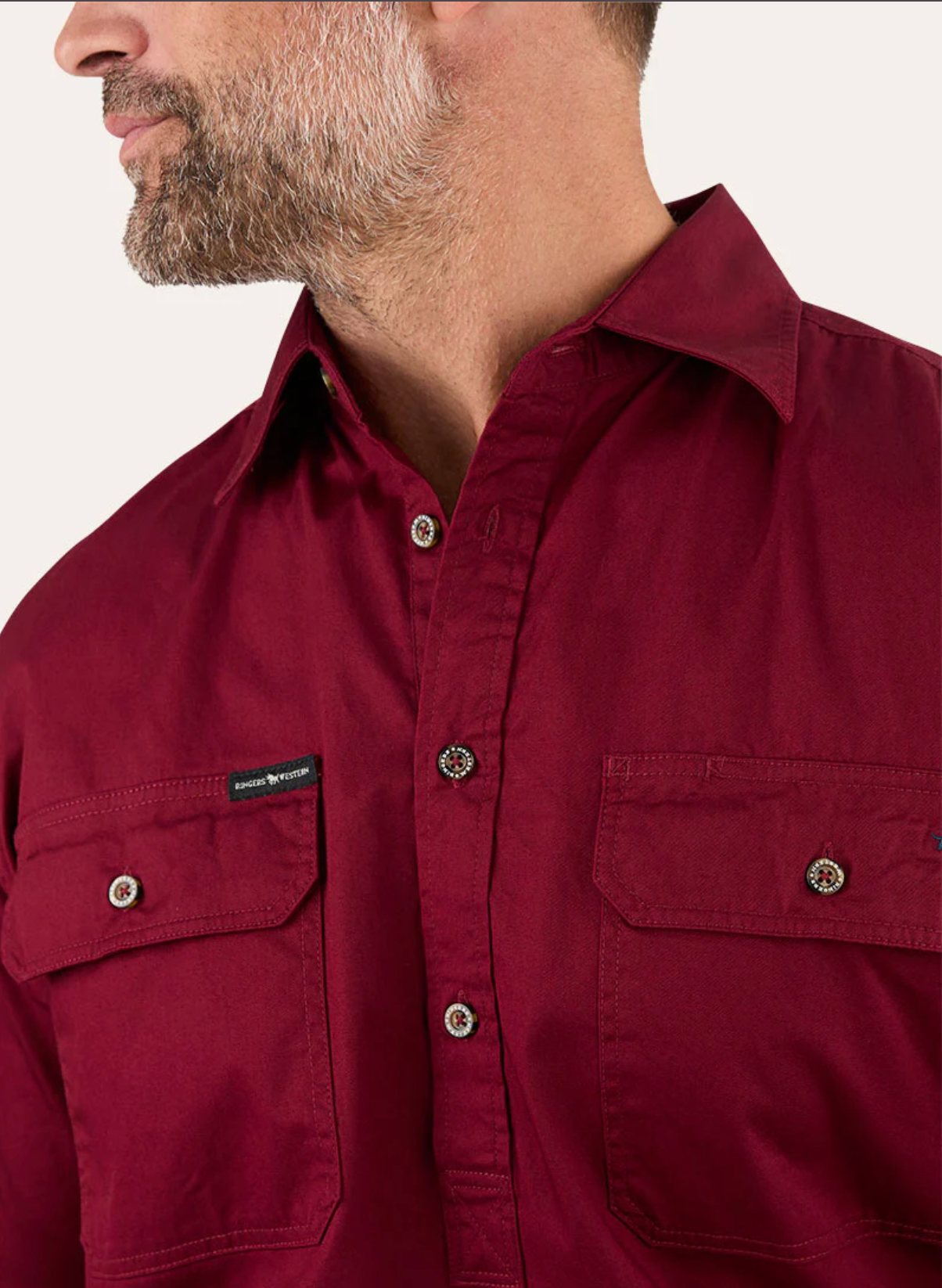 Ringers Western: Men's Pack Saddle 1/2 Button Work Shirt - Burgundy