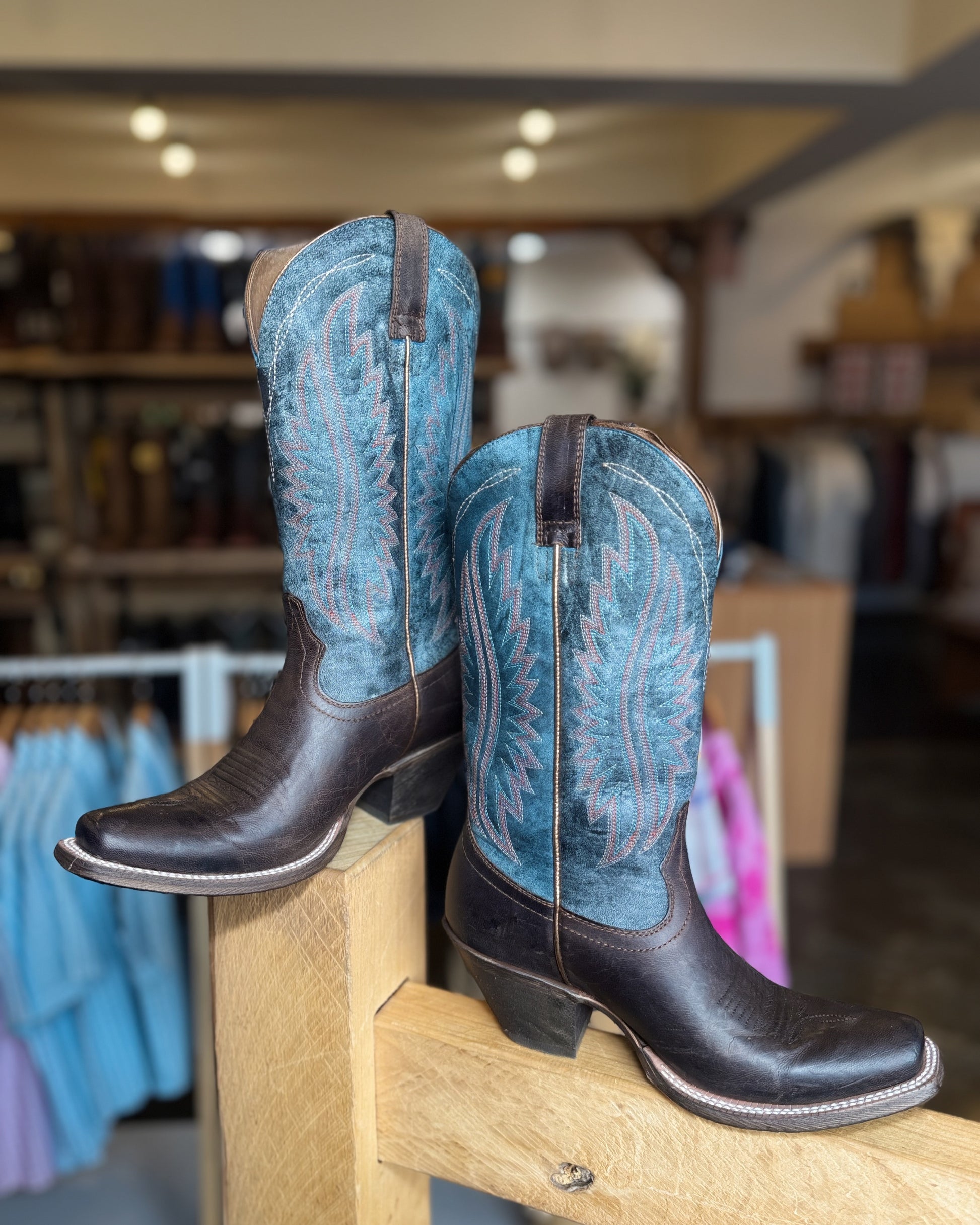 Ariat: Woman's Leather Cowboy Boots in Brown and Blue - Texas Western Apparel New Zealand