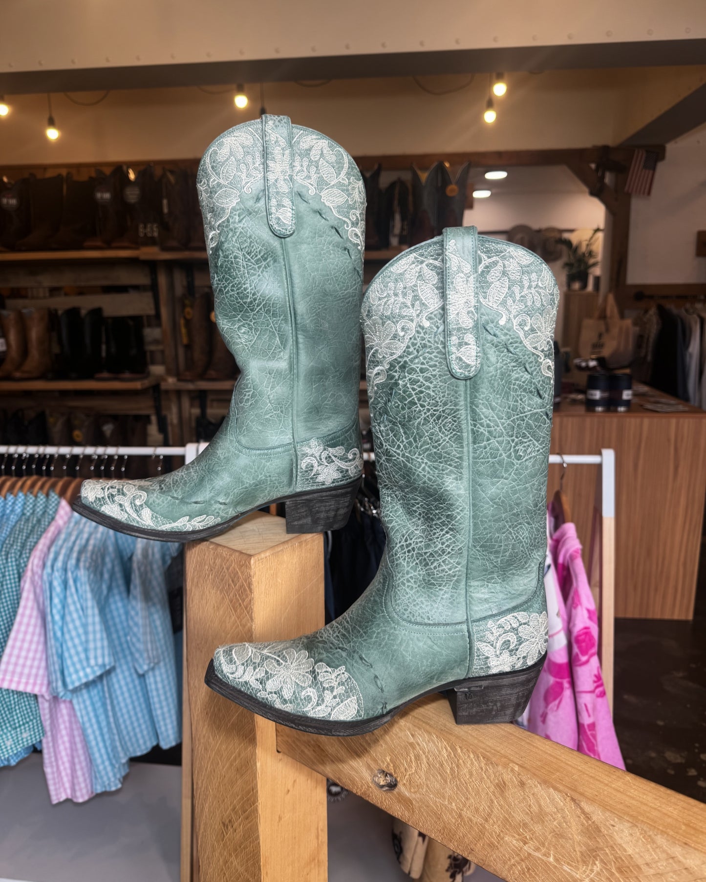 Lane Boots: Jeni Lace Leather Snip Toe Cowboy Boots in teal - Texas Western Apparel New Zealand