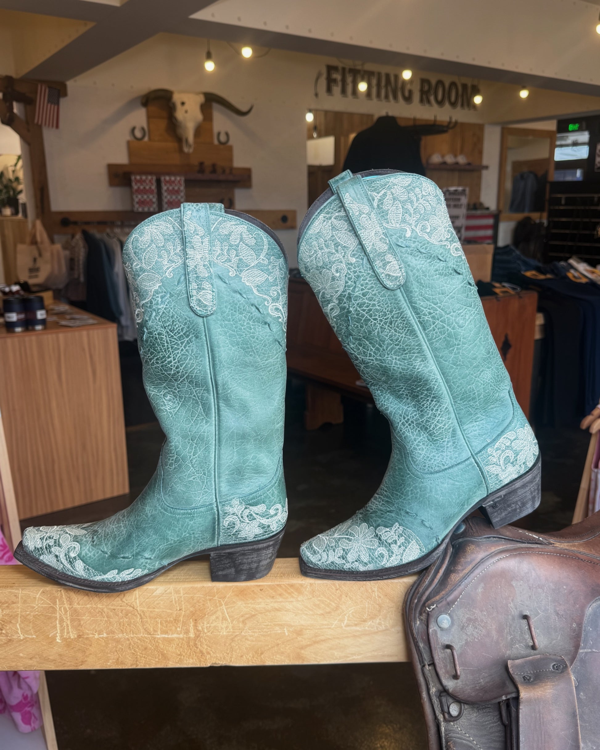Lane Boots: Jeni Lace Leather Snip Toe Cowboy Boots in teal - Texas Western Apparel New Zealand