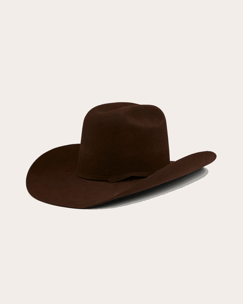 A classic brown cowboy hat by Ringers Western, made of premium wool felt with a structured crown and a wide, upturned brim. A matching brown hatband adds a refined touch.