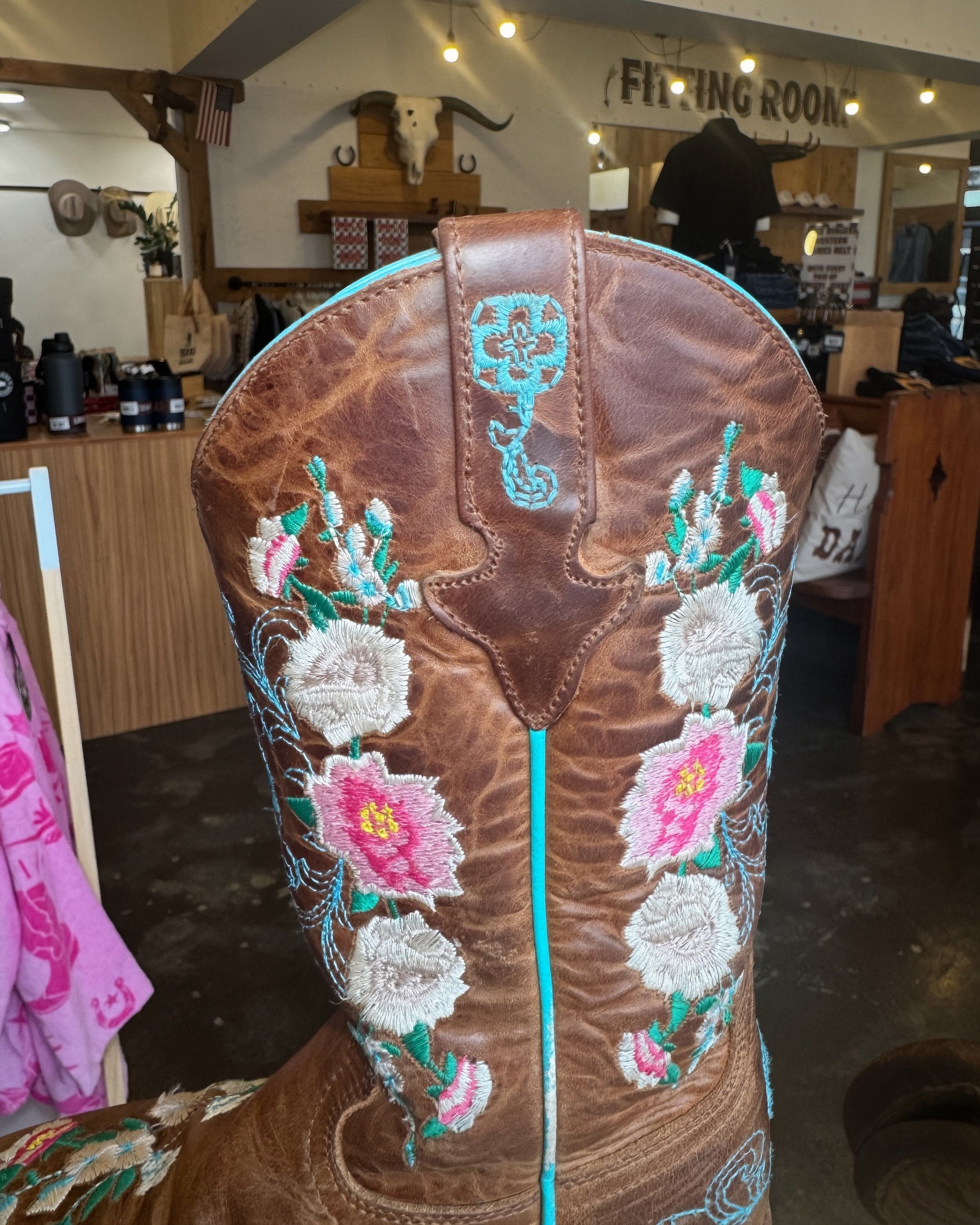 Macie Bean Kids: Girls Leather Cowboy Boots in brown with floral Embroidery - Texas Western New Zealand