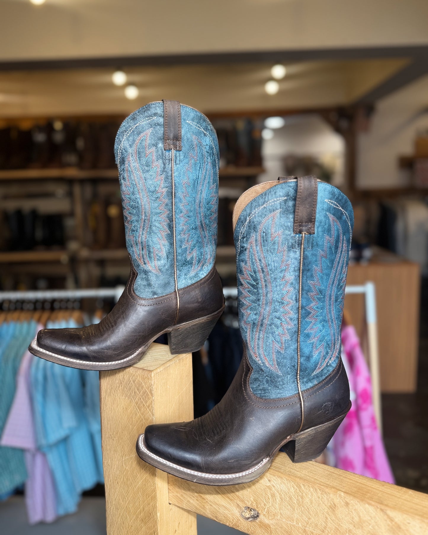 Ariat: Woman's Leather Cowboy Boots in Brown and Blue - Texas Western Apparel New Zealand