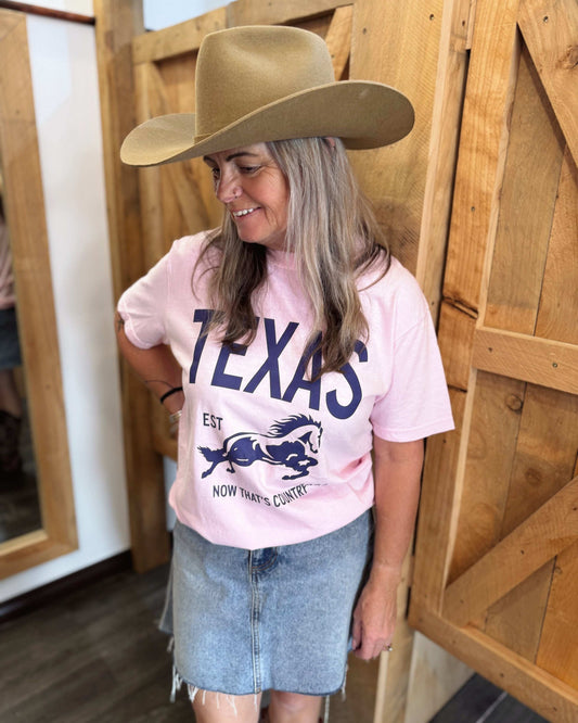 A woman with long, wavy hair wears a pastel pink oversized t-shirt with bold navy blue text that reads "TEXAS" along with a galloping horse graphic and the words "EST" and "Now That's Country." She pairs the shirt with a frayed denim mini skirt, a wide-brimmed beige cowboy hat, and embroidered cowboy boots. From the back, showing the plain pink back of the shirt with a relaxed fit.