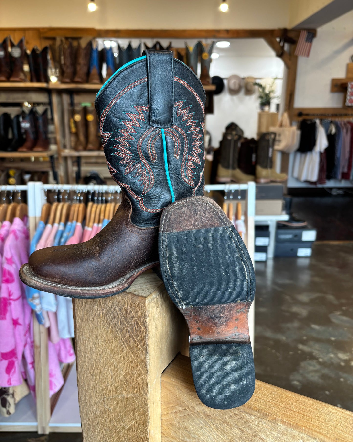 Horsepower: Kids leather cowboy boots in brown and black with western stitching - Texas Western Apparel New Zealand