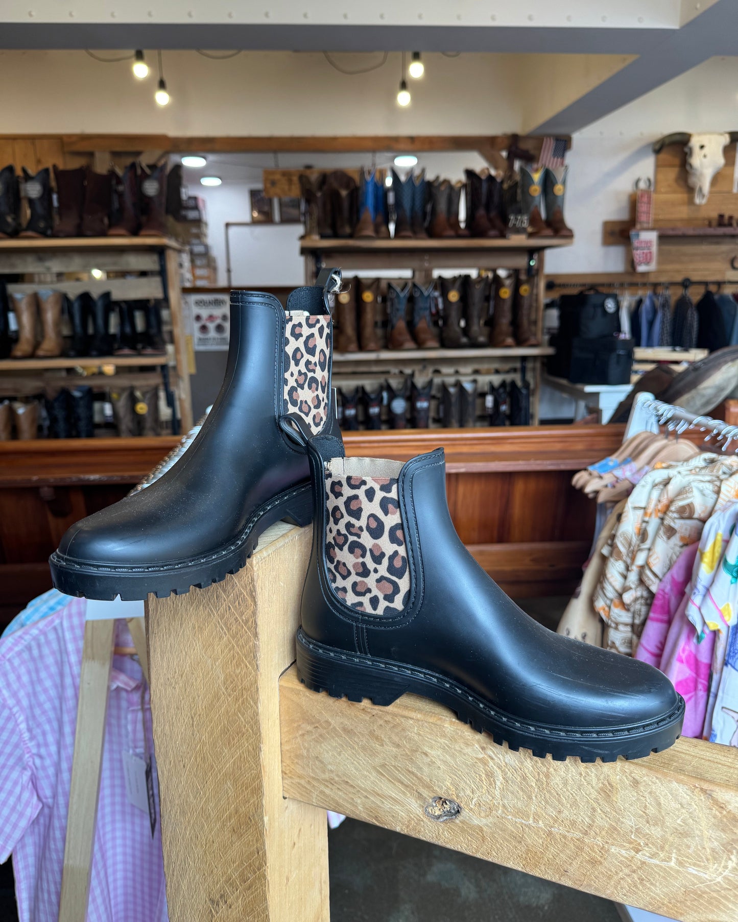 Verbenas: Womans Black ankle rain boots with leopard print accents in the colour black - Texas Western New Zealand 