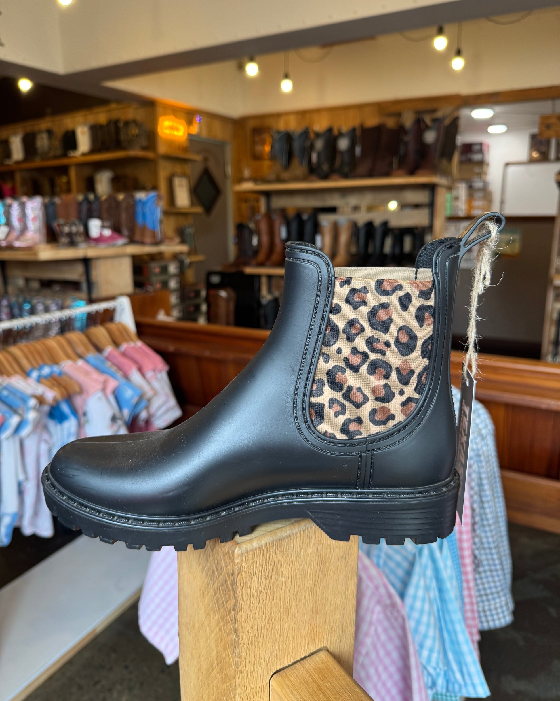 Verbenas: Womans Black ankle rain boots with leopard print accents in the colour black - Texas Western New Zealand 