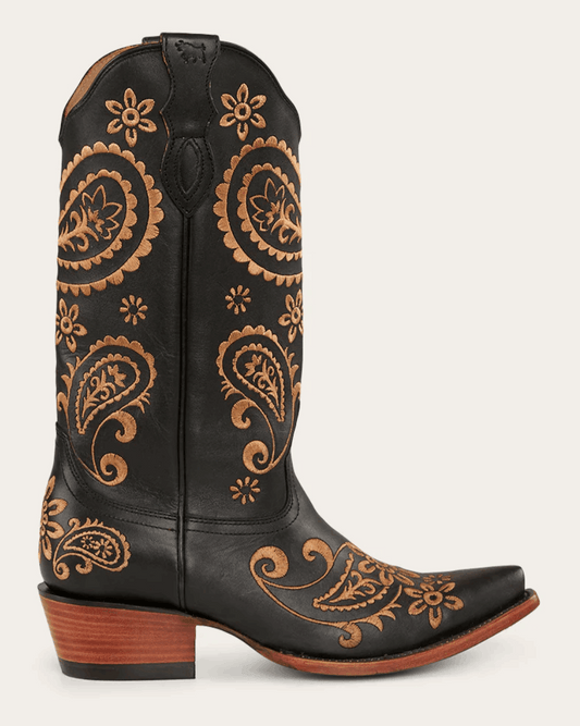 Ringers Western: "Olivia" Leather Snip Toe Cowboy Boots in Black/Stone with western stitching - Texas Western New Zealand