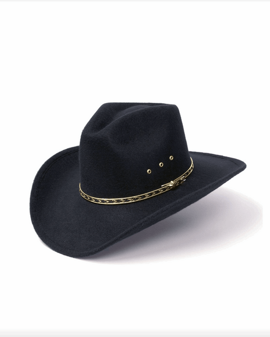 Black Felt Finished Pinch Front w Gold Hat Band