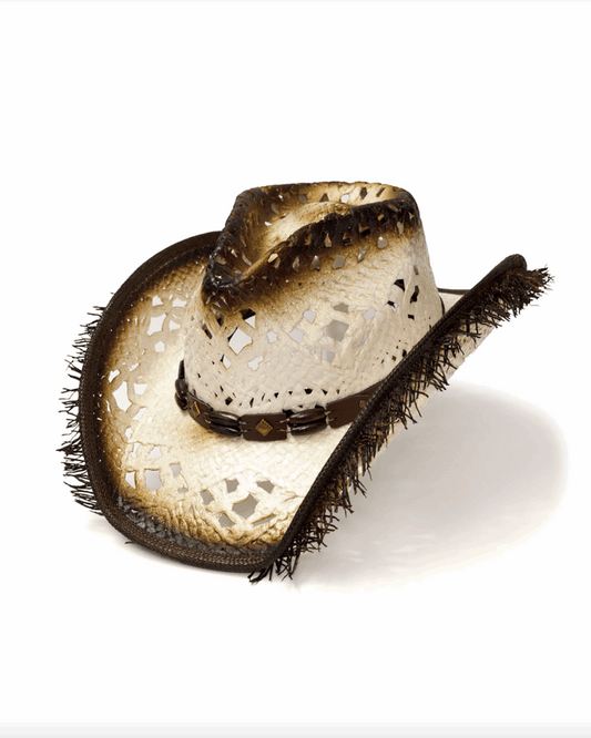 Straw Western Pinch Front Hat with Frayed Brim WHITE