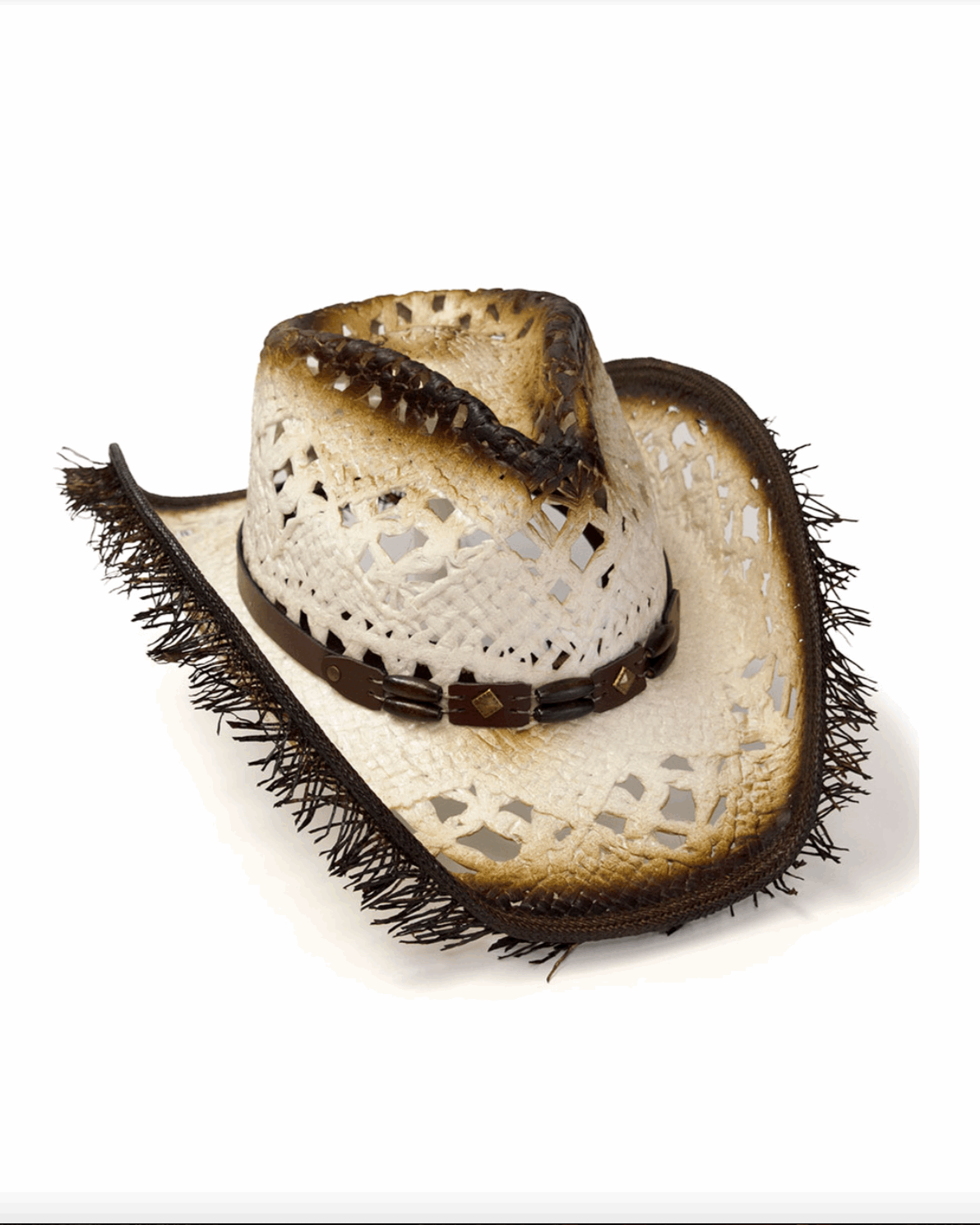 Straw Western Pinch Front Hat with Frayed Brim WHITE