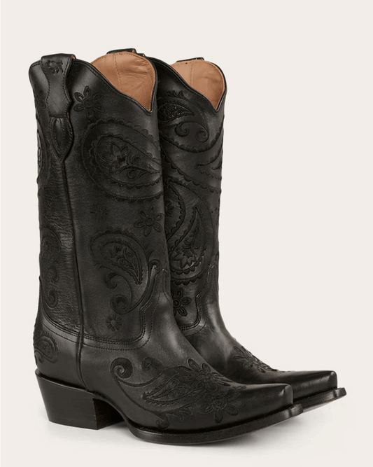 Ringers Western: "Olivia" Leather Snip Toe Cowboy Boots in Black with western stitching - Texas Western New Zealand