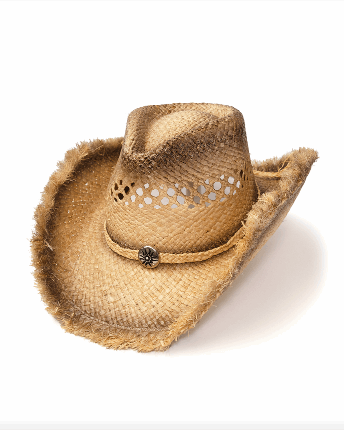 Raffia Straw Pinch Front Hat w Frayed Edge