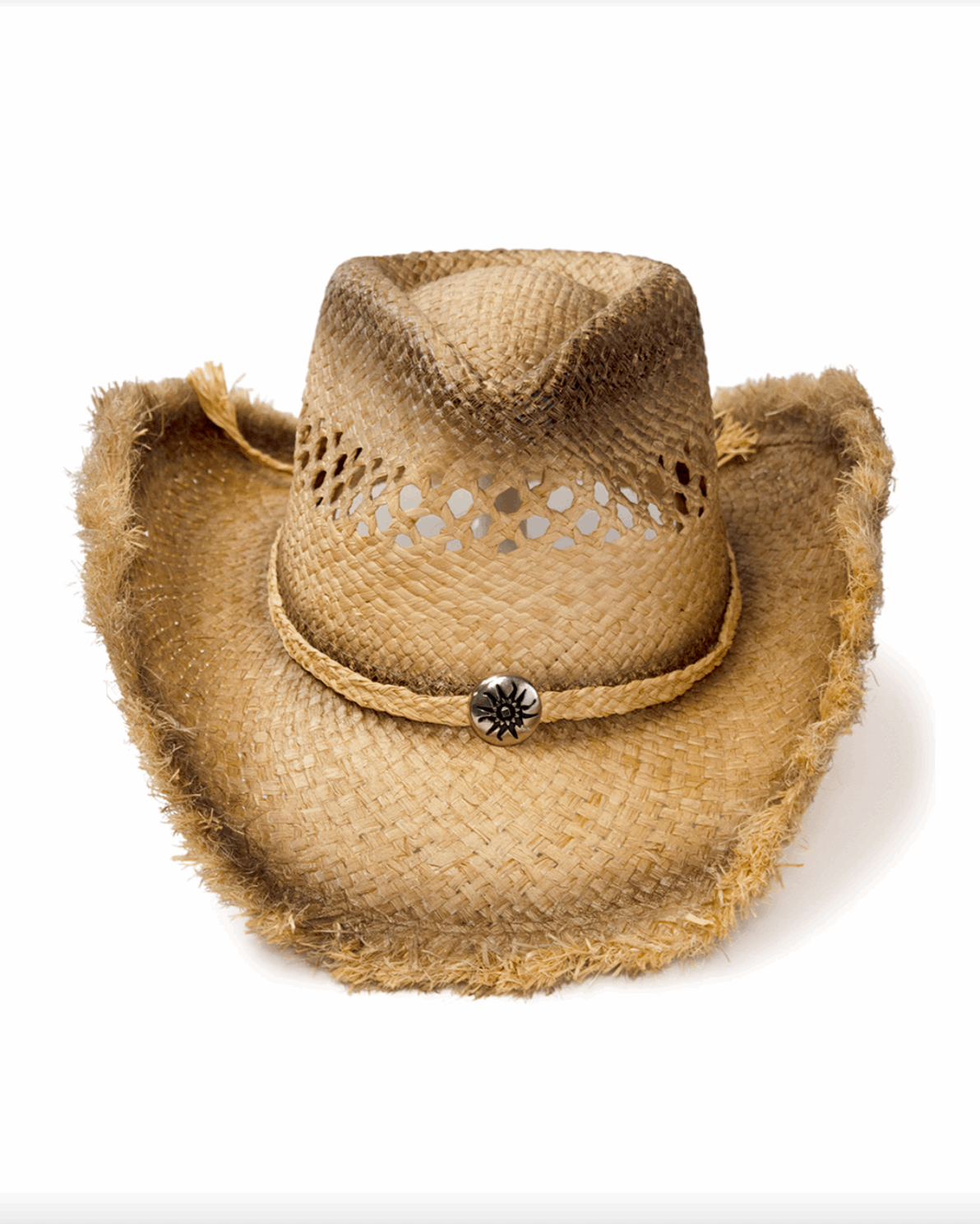 Raffia Straw Pinch Front Hat w Frayed Edge